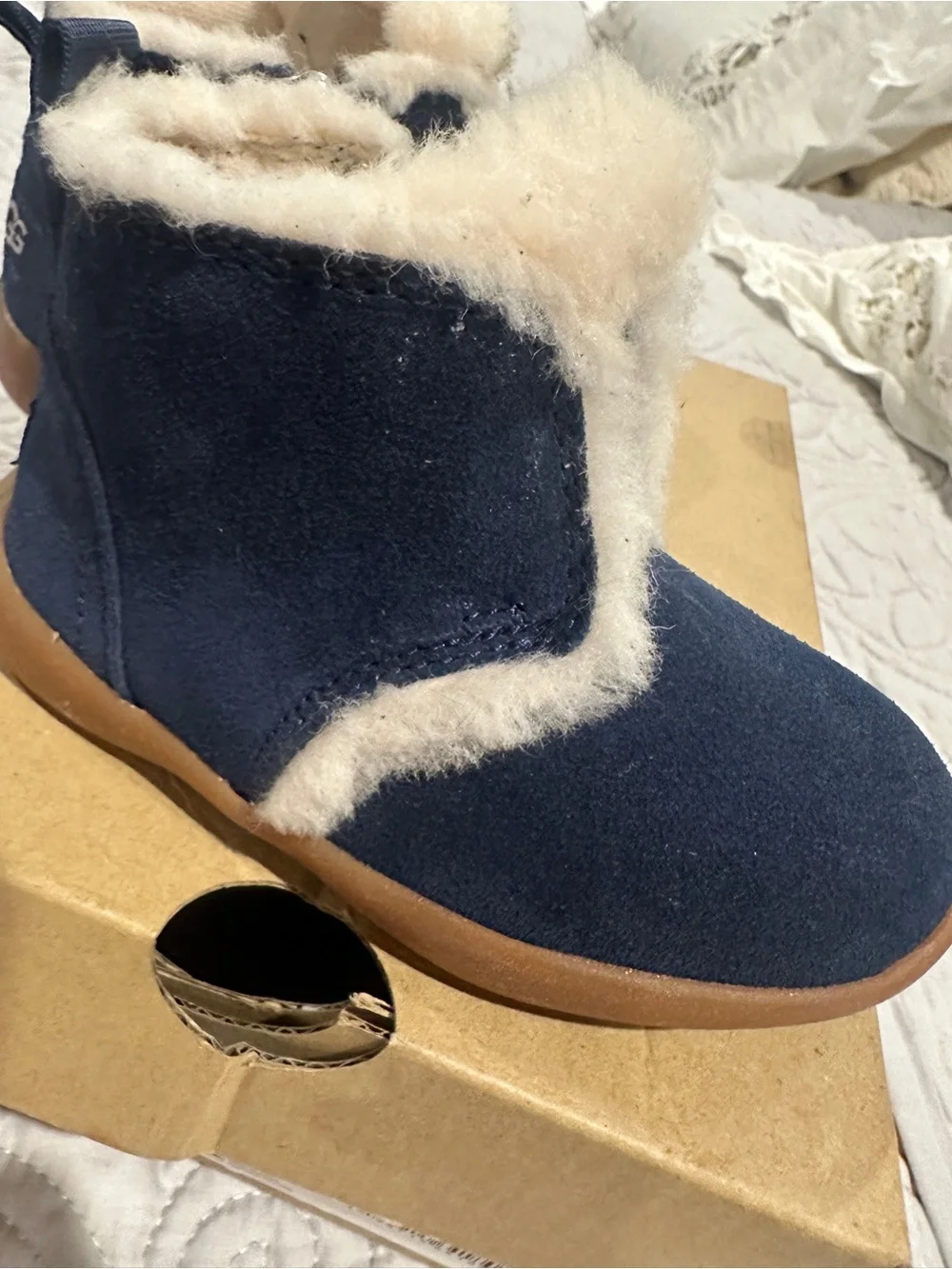 UGG Kids Navy Suede Shearling-Trim Booties